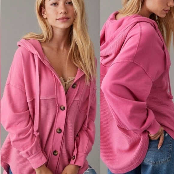 American Eagle Big Hug Hooded Shacket Pink